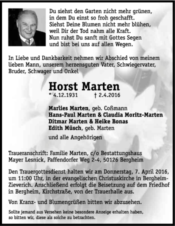 Anzeige von Horst Marten von Kölner Stadt-Anzeiger / Kölnische Rundschau / Express