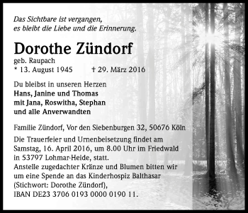 Anzeige von Dorothe Zündorf von Kölner Stadt-Anzeiger / Kölnische Rundschau / Express