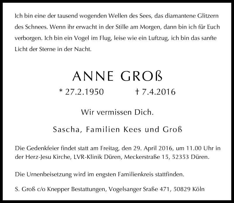  Traueranzeige für Anne Groß vom 23.04.2016 aus  Sonntags-Post 