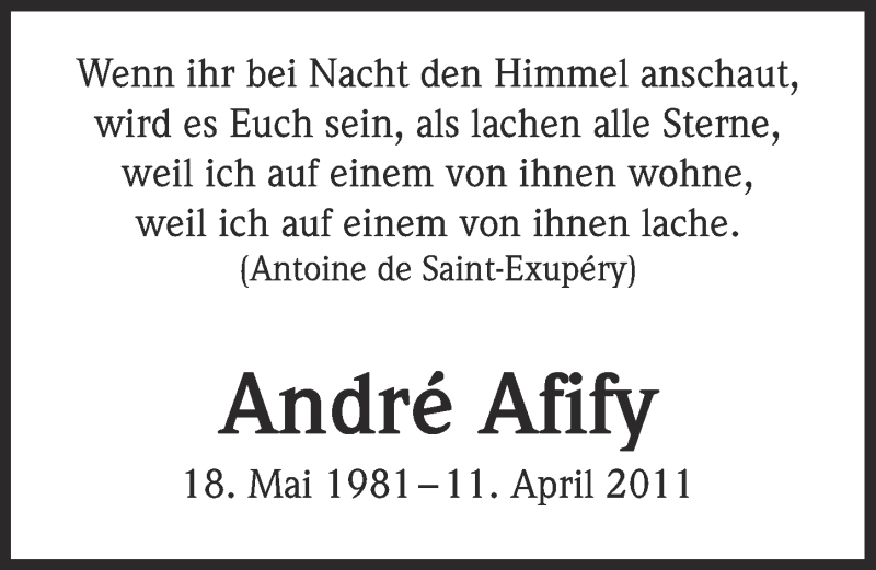  Traueranzeige für André Afify vom 13.04.2016 aus  Kölner Wochenspiegel 