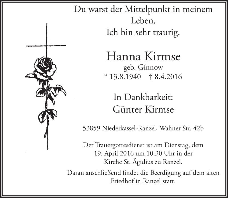  Traueranzeige für Hanna Kirmse vom 13.04.2016 aus  Extra Blatt 