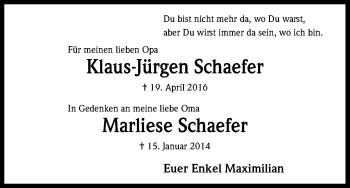 Anzeige von Klaus-Jürgen Schaefer von Kölner Stadt-Anzeiger / Kölnische Rundschau / Express
