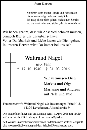 Anzeige von Waltraud Nagel von Kölner Stadt-Anzeiger / Kölnische Rundschau / Express