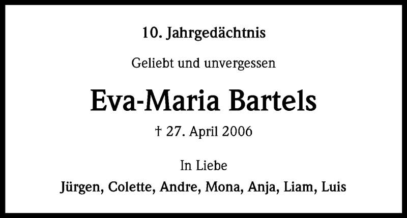  Traueranzeige für Eva-Maria Bartels vom 27.04.2016 aus Kölner Stadt-Anzeiger / Kölnische Rundschau / Express