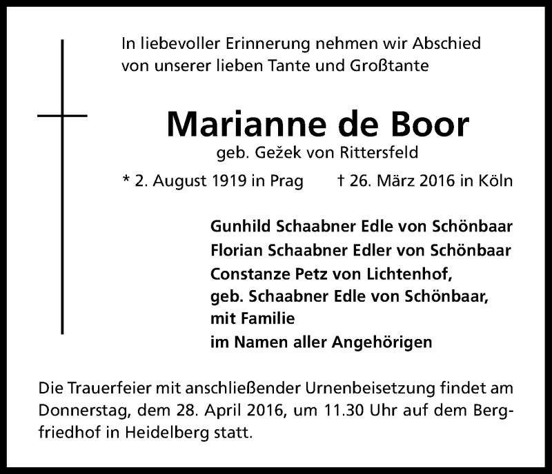  Traueranzeige für Marianne de Boor vom 16.04.2016 aus Kölner Stadt-Anzeiger / Kölnische Rundschau / Express