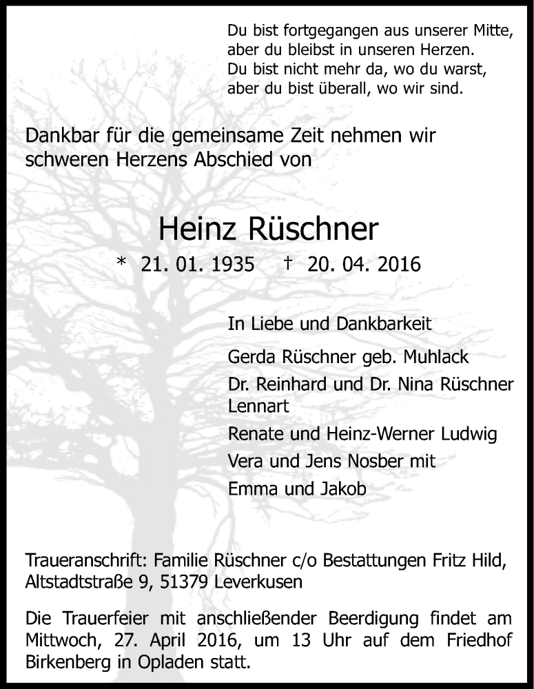  Traueranzeige für Heinz Rüschner vom 25.04.2016 aus Kölner Stadt-Anzeiger / Kölnische Rundschau / Express