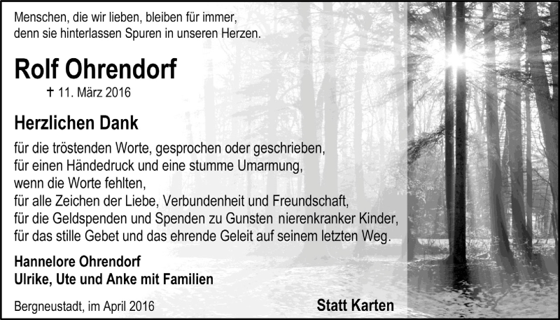  Traueranzeige für Rolf Ohrendorf vom 20.04.2016 aus  Anzeigen Echo 