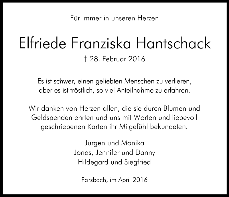  Traueranzeige für Elfriede Franziska Hantschack vom 16.04.2016 aus Kölner Stadt-Anzeiger / Kölnische Rundschau / Express
