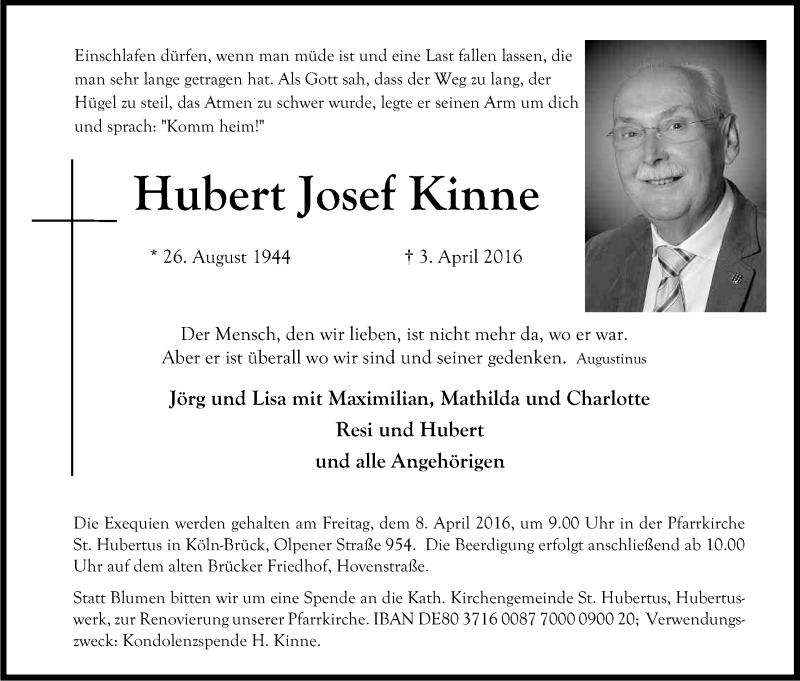  Traueranzeige für Hubert Josef Kinne vom 06.04.2016 aus Kölner Stadt-Anzeiger / Kölnische Rundschau / Express
