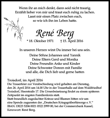 Anzeige von Rene Berg von Kölner Stadt-Anzeiger / Kölnische Rundschau / Express