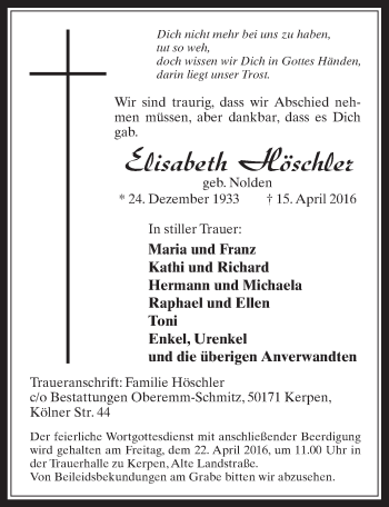 Anzeige von Elisabeth Höschler von  Werbepost 