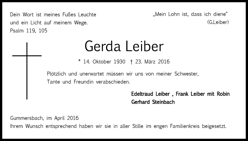  Traueranzeige für Gerda Leiber vom 06.04.2016 aus  Anzeigen Echo 