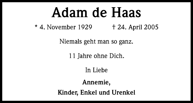  Traueranzeige für Adam de Haas vom 23.04.2016 aus Kölner Stadt-Anzeiger / Kölnische Rundschau / Express