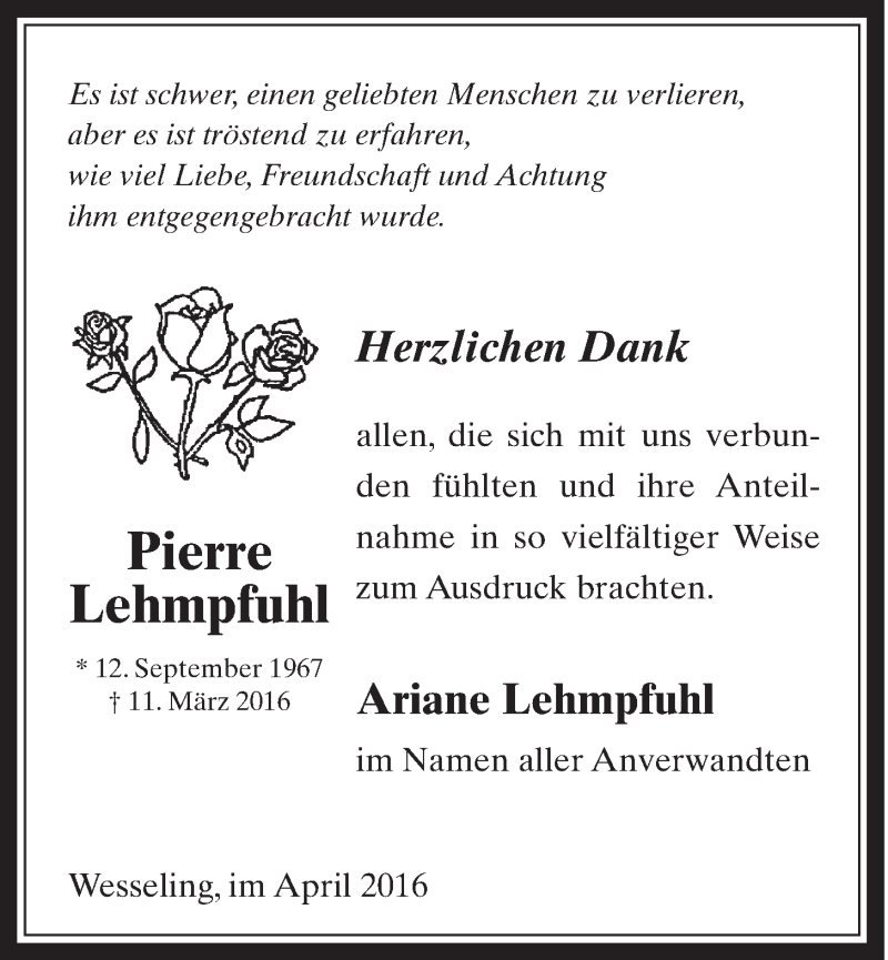  Traueranzeige für Pierre Lehmpfuhl vom 20.04.2016 aus  Schlossbote/Werbekurier 