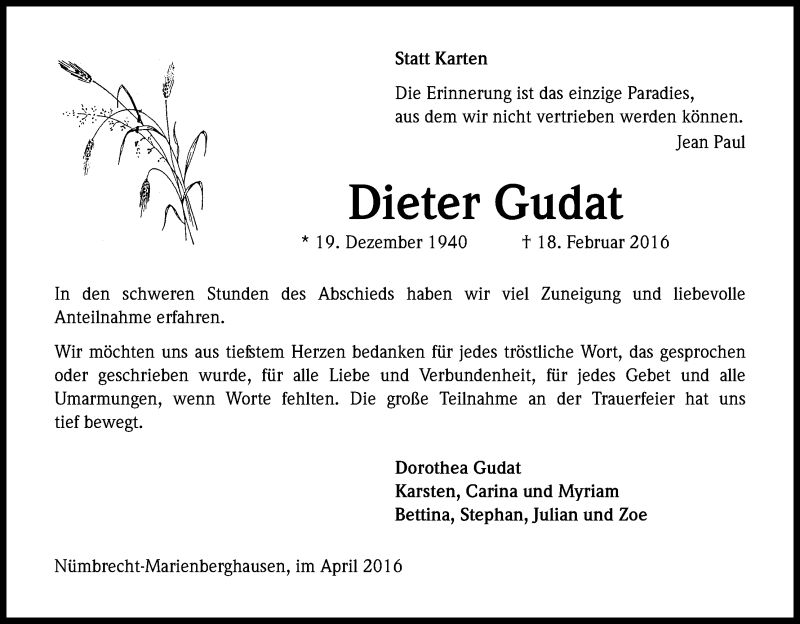  Traueranzeige für Dieter Gudat vom 02.04.2016 aus Kölner Stadt-Anzeiger / Kölnische Rundschau / Express