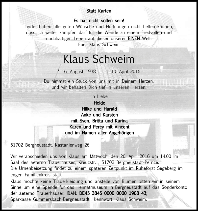  Traueranzeige für Klaus Schweim vom 16.04.2016 aus Kölner Stadt-Anzeiger / Kölnische Rundschau / Express