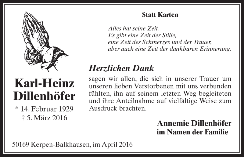  Traueranzeige für Karl-Heinz Dillenhöfer vom 27.04.2016 aus  Werbepost 