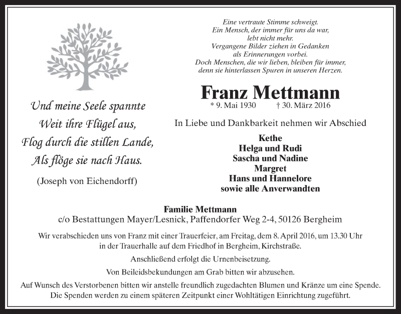  Traueranzeige für Franz Mettmann vom 06.04.2016 aus  Werbepost 