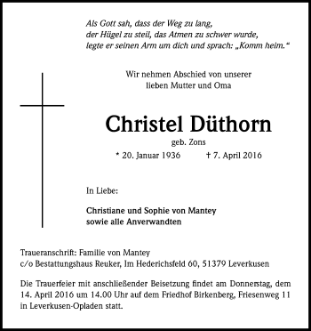 Anzeige von Christel Düthorn von Kölner Stadt-Anzeiger / Kölnische Rundschau / Express