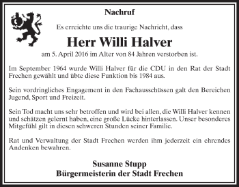 Anzeige von Willi Halver von  Sonntags-Post 