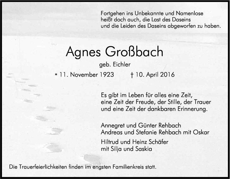  Traueranzeige für Agnes Großbach vom 16.04.2016 aus Kölner Stadt-Anzeiger / Kölnische Rundschau / Express