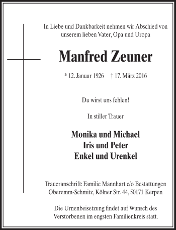 Anzeige von Manfred Zeuner von  Sonntags-Post 