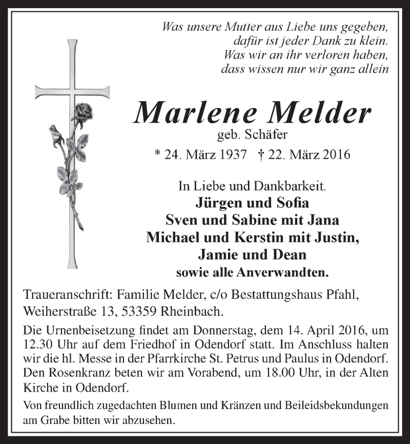  Traueranzeige für Marlene Melder vom 06.04.2016 aus  Schaufenster/Blickpunkt 