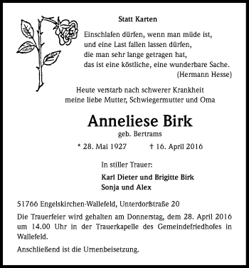Anzeige von Anneliese Birk von Kölner Stadt-Anzeiger / Kölnische Rundschau / Express