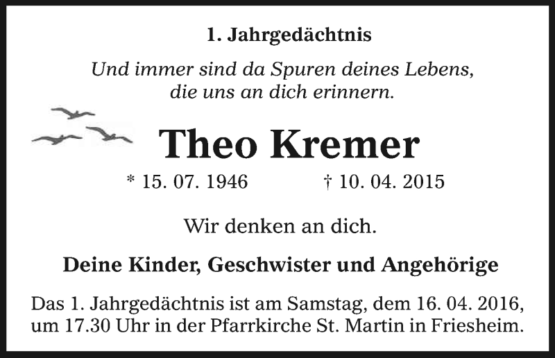  Traueranzeige für Theo Kremer vom 15.04.2016 aus Kölner Stadt-Anzeiger / Kölnische Rundschau / Express