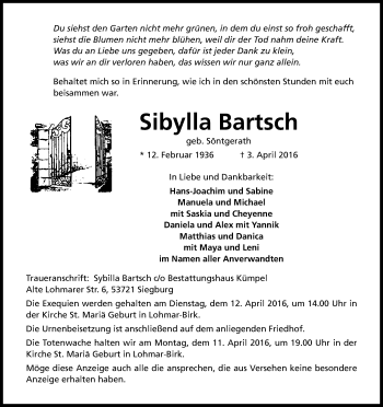 Anzeige von Sibylla Bartsch von Kölner Stadt-Anzeiger / Kölnische Rundschau / Express