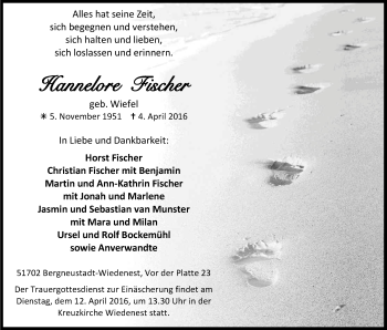 Anzeige von Hannelore Fischer von Kölner Stadt-Anzeiger / Kölnische Rundschau / Express
