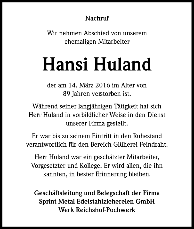  Traueranzeige für Hansi Huland vom 09.04.2016 aus Kölner Stadt-Anzeiger / Kölnische Rundschau / Express