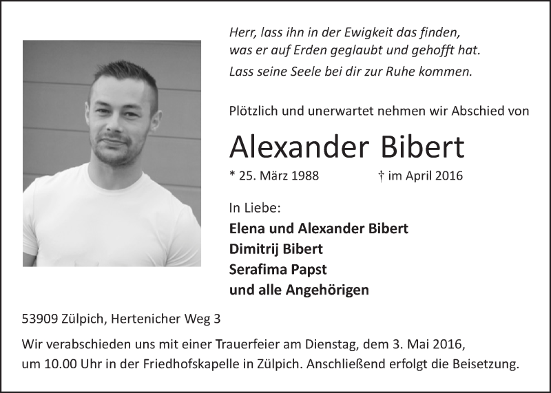  Traueranzeige für Alexander Bibert vom 30.04.2016 aus  Blickpunkt Euskirchen 