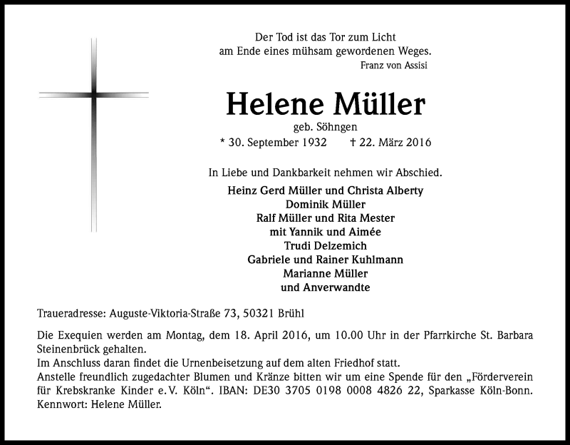  Traueranzeige für Helene Müller vom 02.04.2016 aus Kölner Stadt-Anzeiger / Kölnische Rundschau / Express
