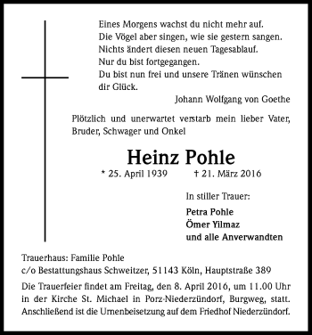 Anzeige von Heinz Pohle von Kölner Stadt-Anzeiger / Kölnische Rundschau / Express