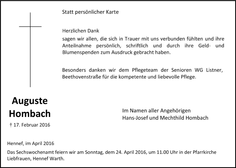  Traueranzeige für Auguste Hombach vom 20.04.2016 aus  Extra Blatt 