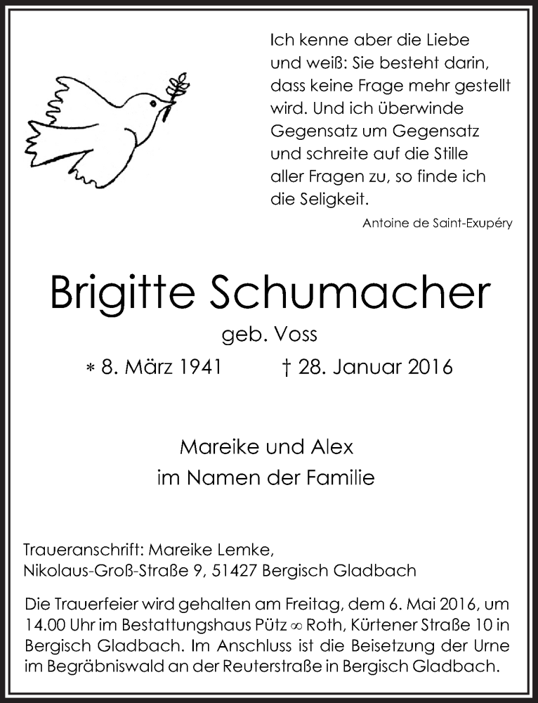  Traueranzeige für Brigitte Schumacher vom 30.04.2016 aus  Bergisches Sonntagsblatt 