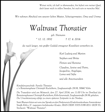 Anzeige von Waltraut Thoratier von Kölner Stadt-Anzeiger / Kölnische Rundschau / Express