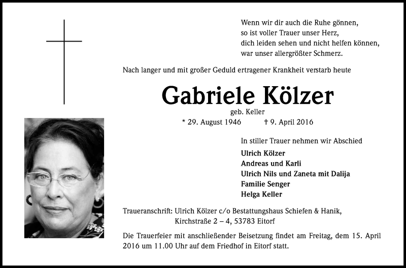  Traueranzeige für Gabriele Kölzer vom 13.04.2016 aus Kölner Stadt-Anzeiger / Kölnische Rundschau / Express