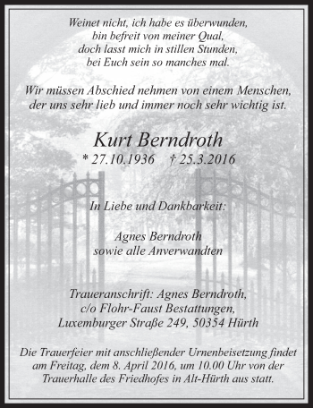 Anzeige von Kurt Berndroth von  Wochenende 
