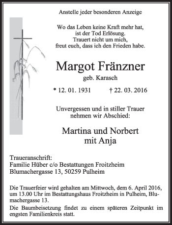 Anzeige von Margot Fränzer von  Sonntags-Post 