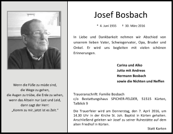 Anzeige von Josef Bosbach von Kölner Stadt-Anzeiger / Kölnische Rundschau / Express