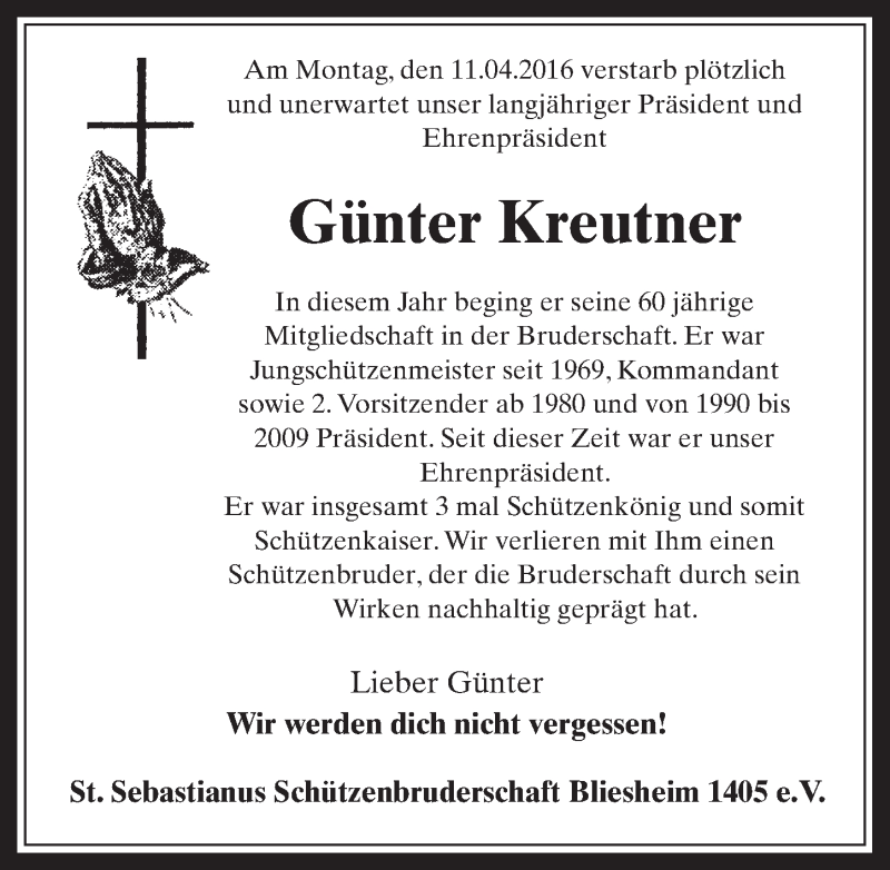  Traueranzeige für Günter Kreutner vom 20.04.2016 aus  Werbepost 