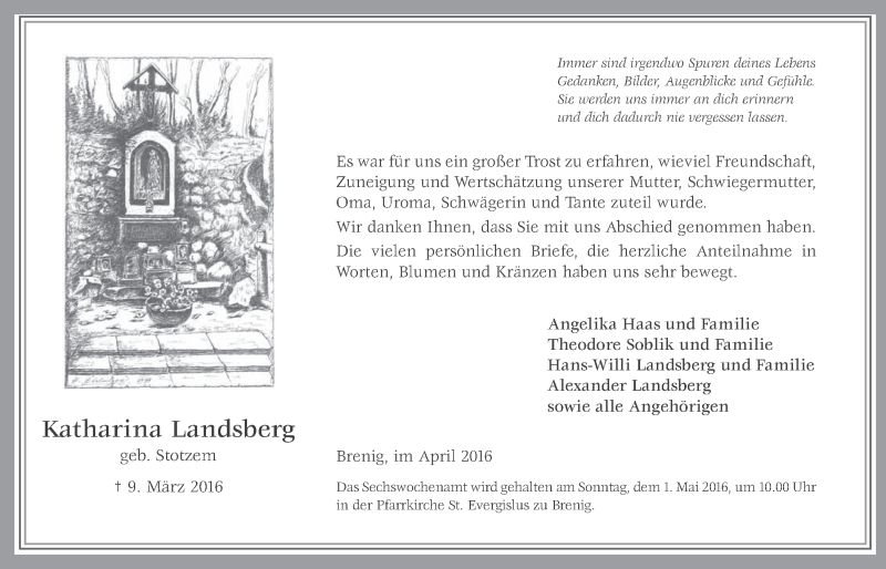 Traueranzeige für Katharina Landsberg vom 27.04.2016 aus  Schaufenster/Blickpunkt 