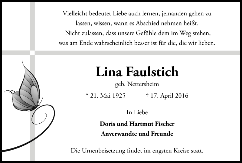  Traueranzeige für Lina Faulstich vom 20.04.2016 aus Kölner Stadt-Anzeiger / Kölnische Rundschau / Express