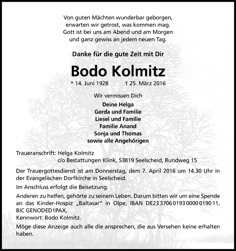 Traueranzeige für Bodo Kolmitz vom 02.04.2016 aus Kölner Stadt-Anzeiger / Kölnische Rundschau / Express