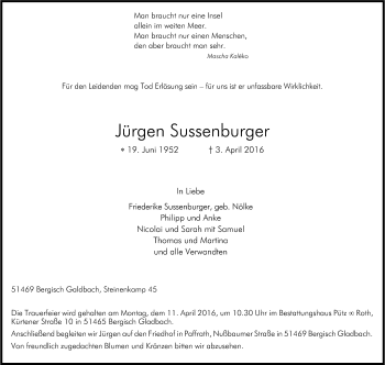 Anzeige von Jürgen Sussenburger von Kölner Stadt-Anzeiger / Kölnische Rundschau / Express