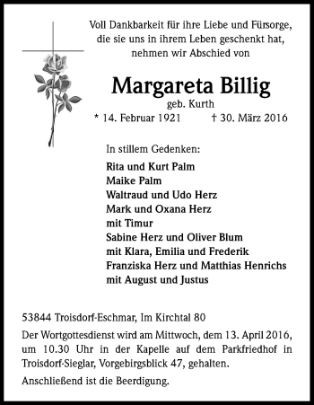 Anzeige von Margareta Billig von Kölner Stadt-Anzeiger / Kölnische Rundschau / Express