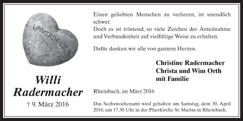  Traueranzeige für Willi Radermacher vom 27.04.2016 aus  Schaufenster/Blickpunkt 