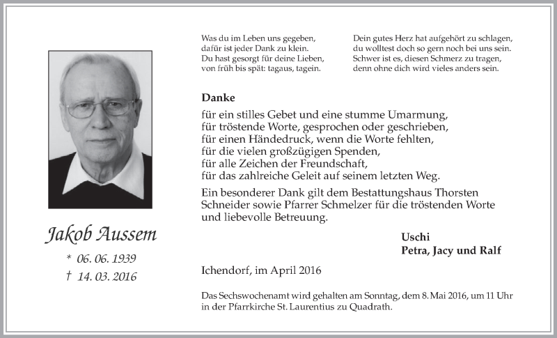  Traueranzeige für Jakob Aussem vom 20.04.2016 aus  Werbepost 